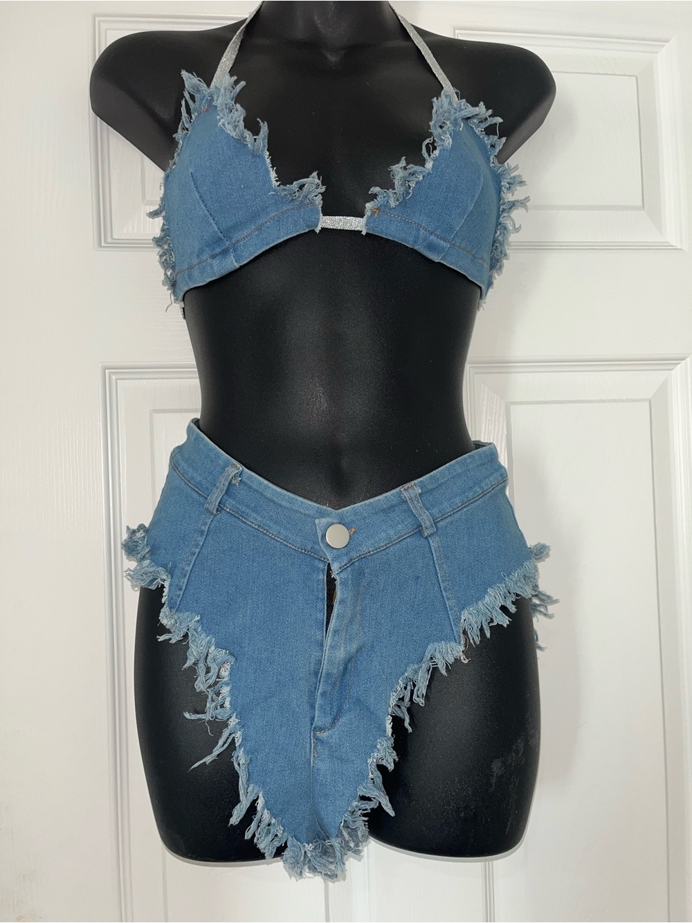 Denim Fringe Two-Piece Bikini Set - Light Blue